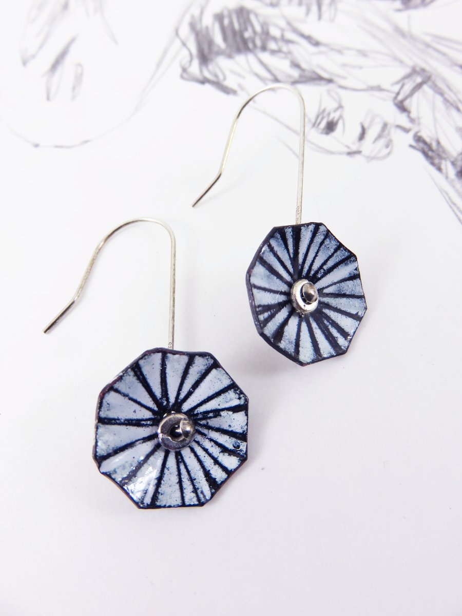 Octagonal Copper Dangle Earrings with White and Blue Hand Drawn Enamel