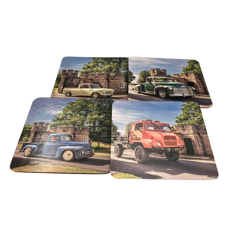 Set of 4 Square Corked Back Coasters featuring Vintage Small Trucks