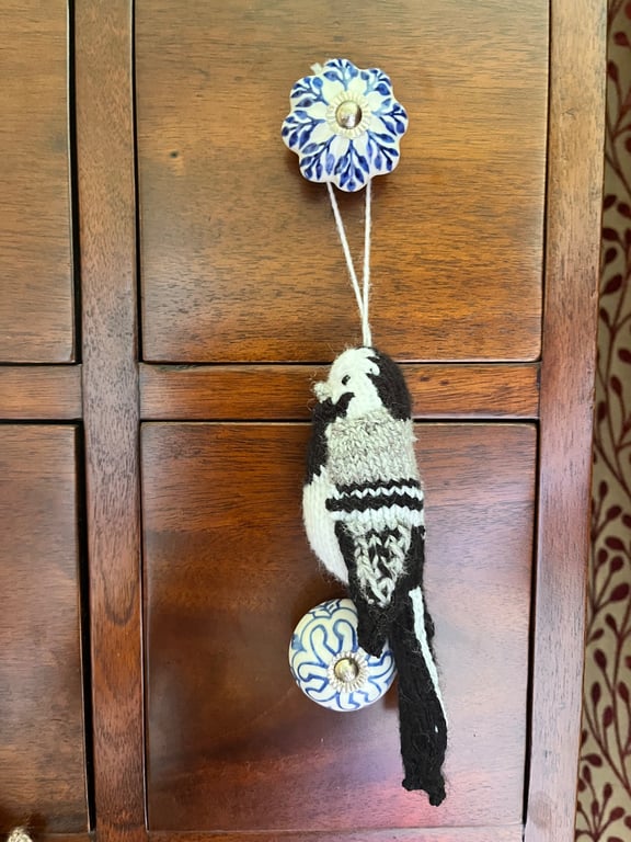 Pied Wagtail  bird hand knit tree decoration 