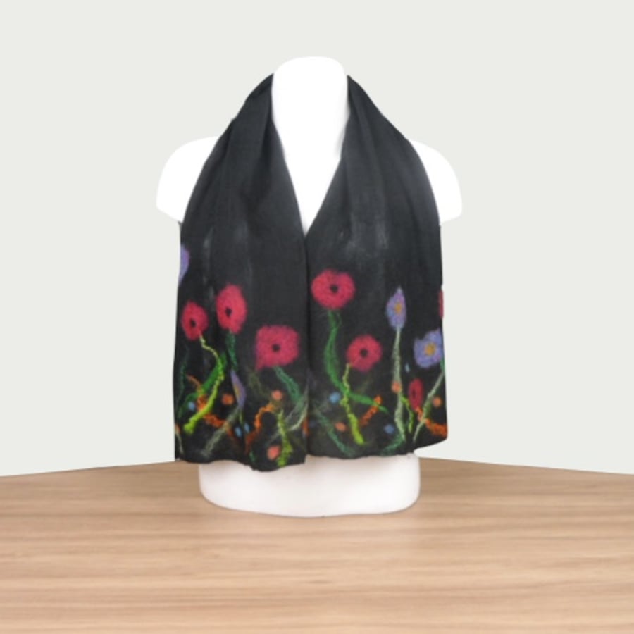 Black floral nuno felted scarf, gift boxed