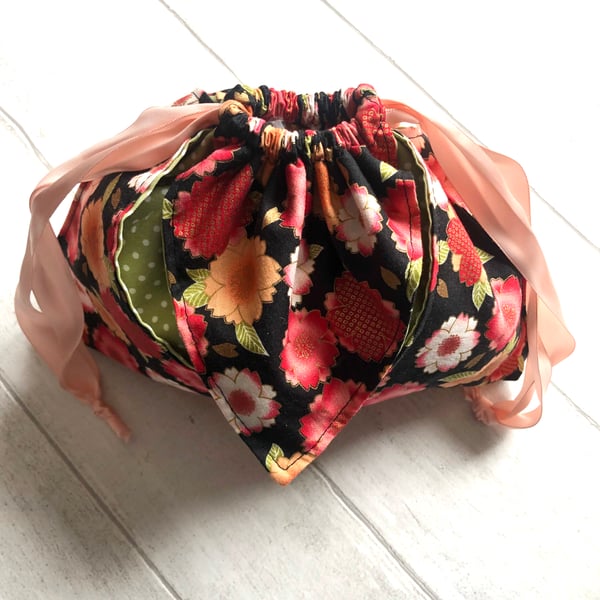 Japanese Floral Design Fabric Origami Drawstring Bag