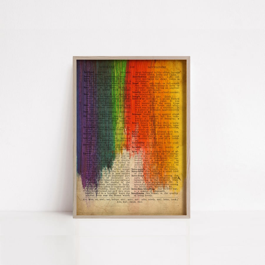 Rainbow paint on old dictionary page print