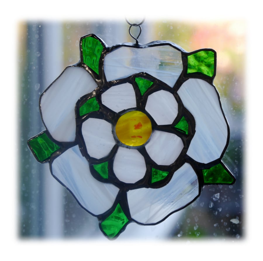 Yorkshire Rose Suncatcher Stained Glass white Handmade 030