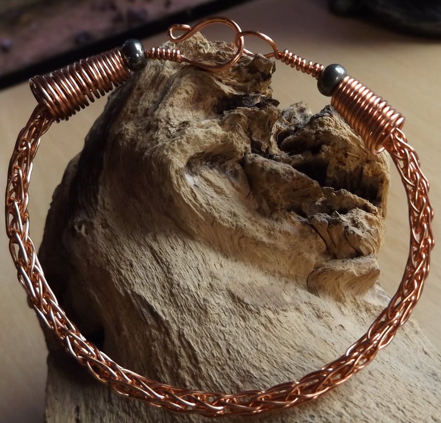 Viking knit copper bracelet with pyrite