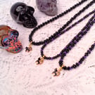 Black and Purple Beaded Halloween Necklaces with Black Cat Charms, Halloween