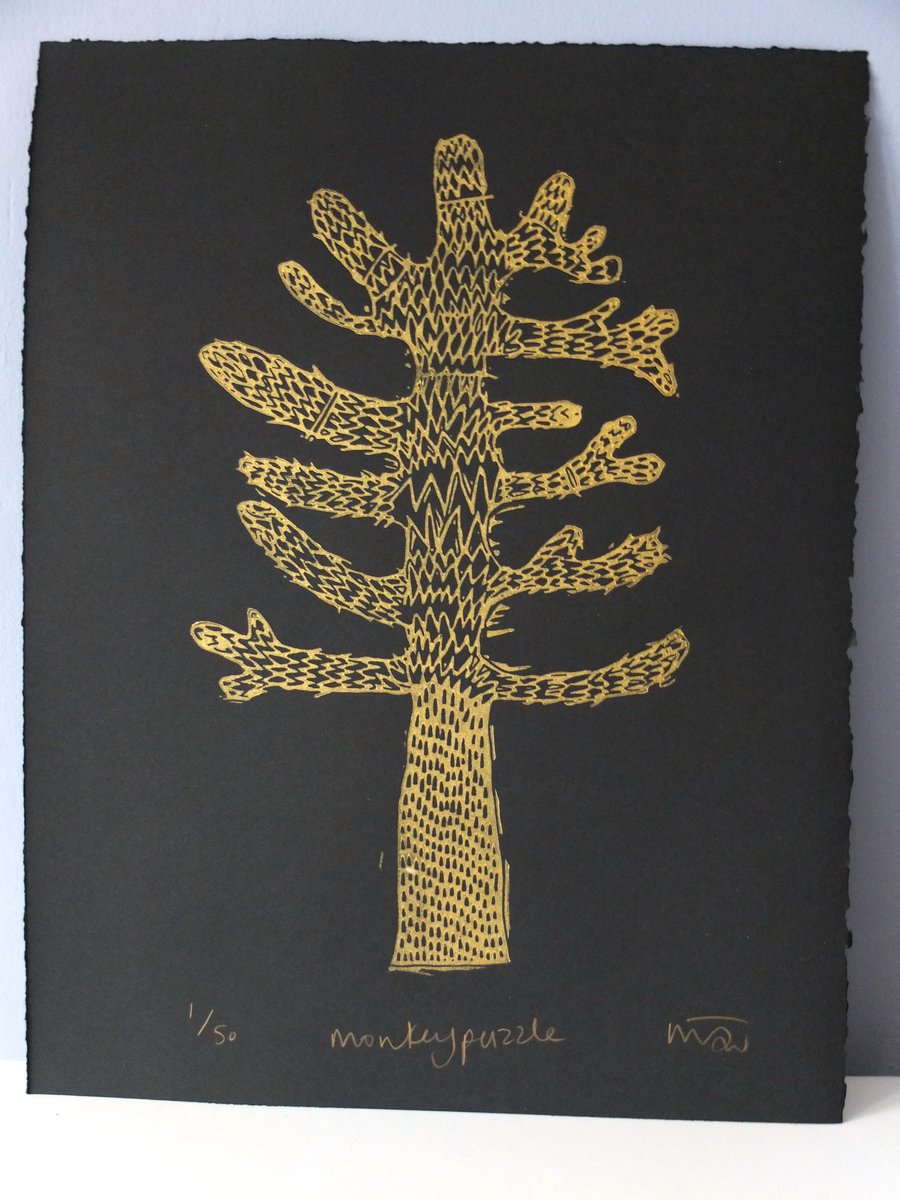 Monkeypuzzle - gold lino print