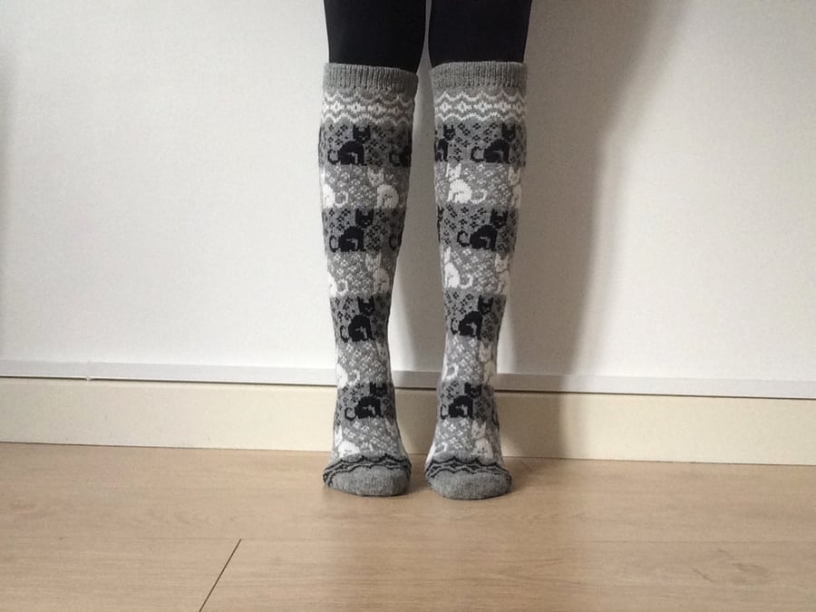 READY TO SHIP knitted long socks grey grey black cats kitten pattern fair isle