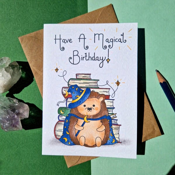 Hedgehog Birthday Card, Wizard magic theme birthday, Have a magical birthday! 