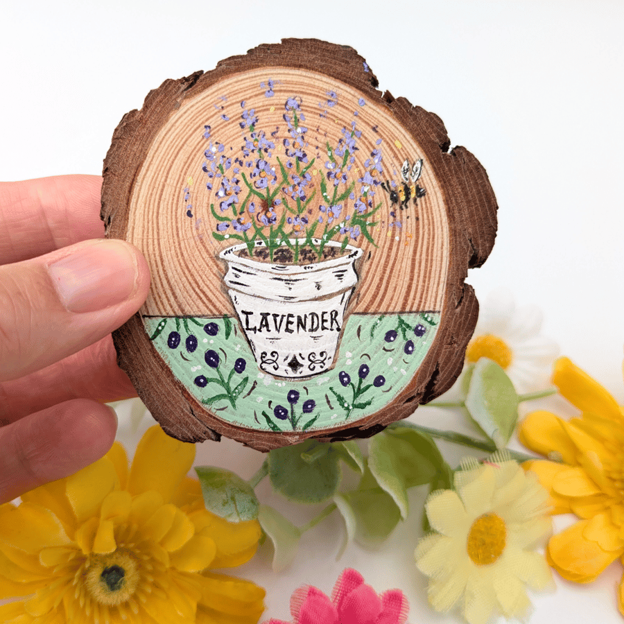 Lavender hand-painted log slice magnet, Lavender gift 