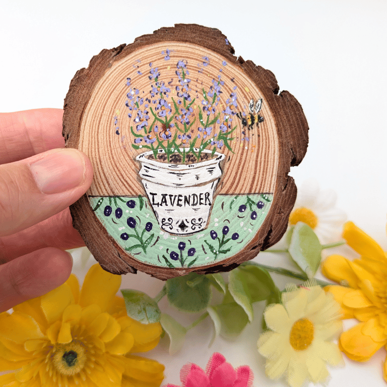Lavender hand-painted log slice magnet, Lavender gift 