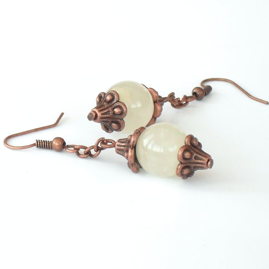 Milky white agate and copper handmade earrings