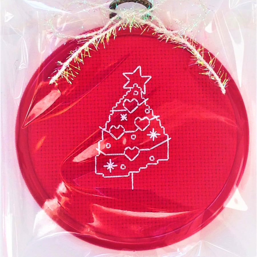 Christmas Tree Red and White Cross Stitch Hoop decoration