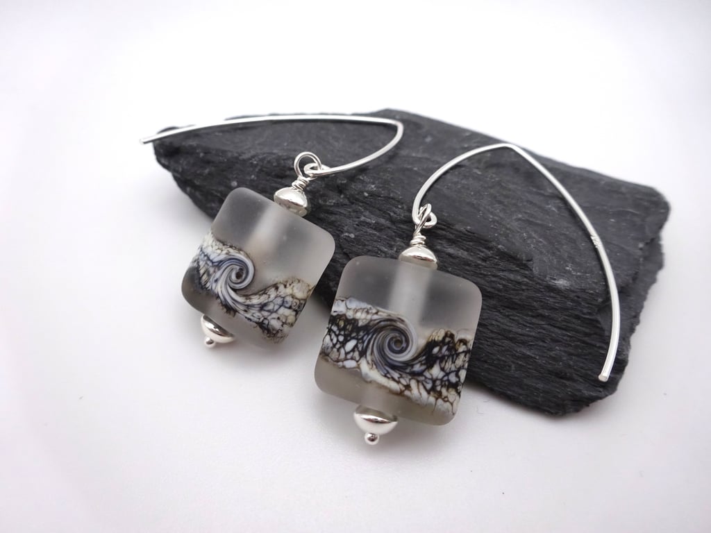 lampwork glass frosted sea earrings, sterling silver jewellery