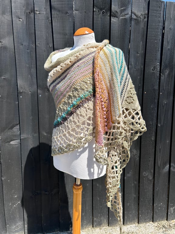 Asymmetrical Triangle Stripped Lace Shawl Wrap 