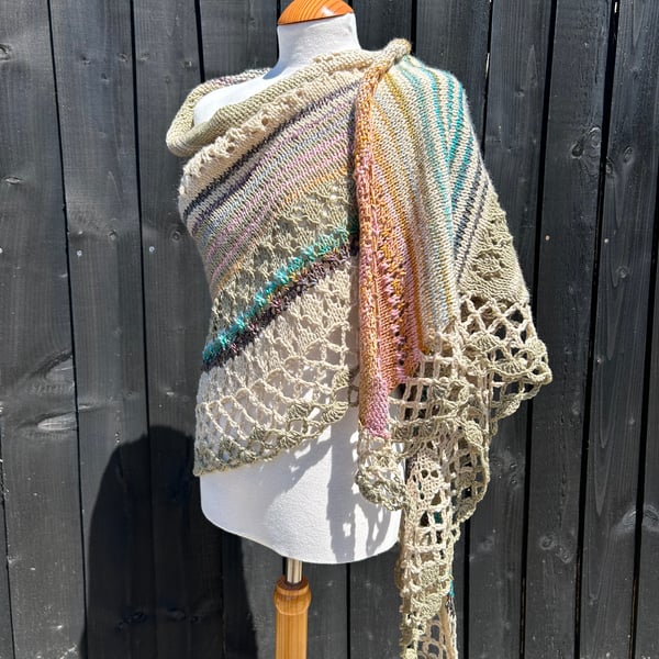Asymmetrical Triangle Stripped Lace Shawl Wrap 