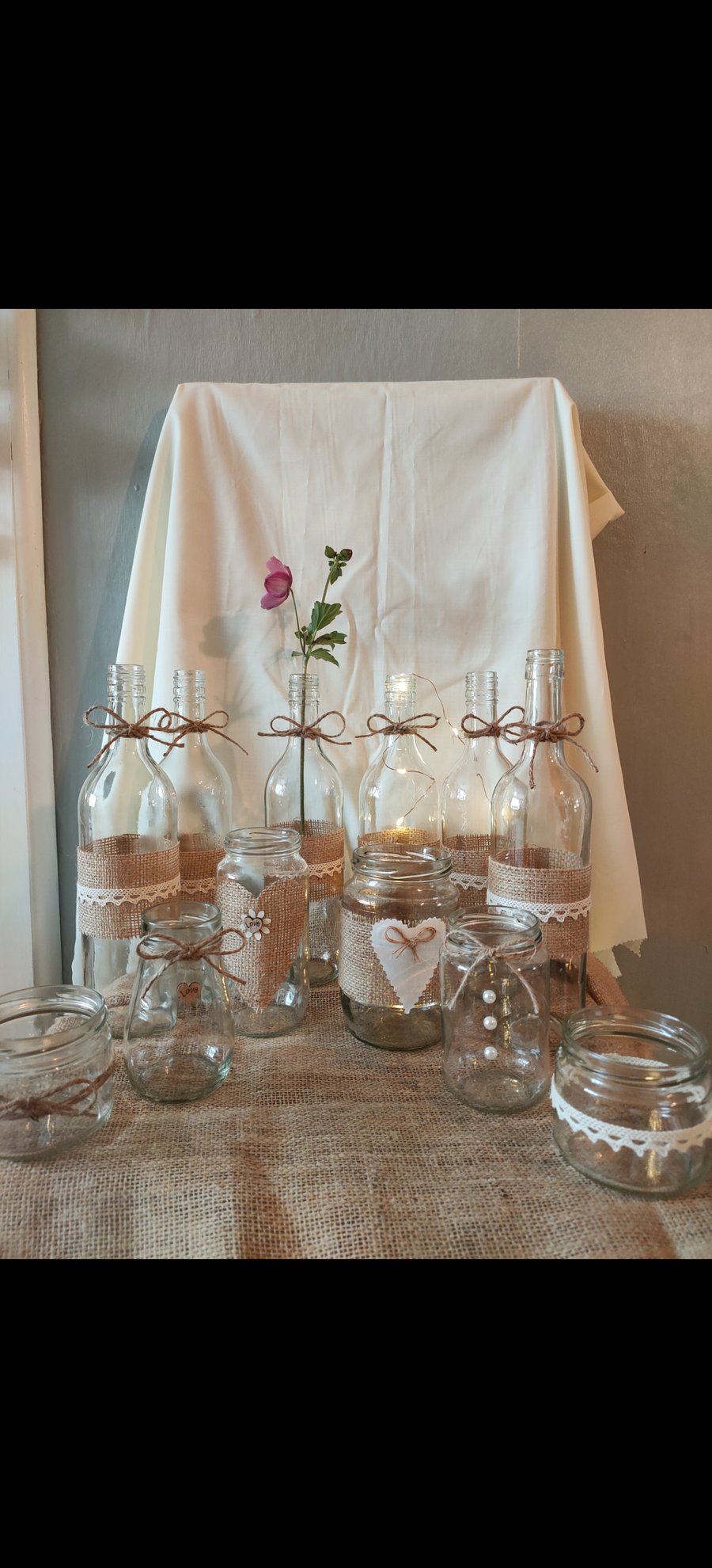 Upcycled bottles and Jars 6 of each wedding table decorations centerpieces 