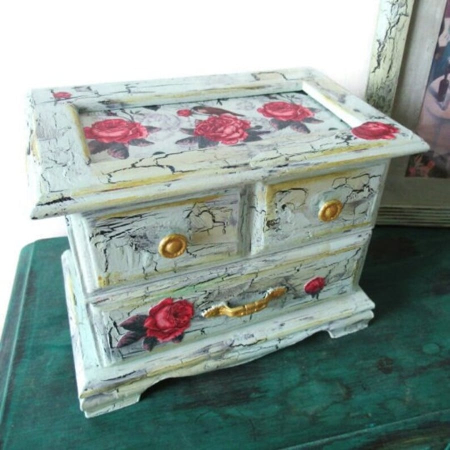 Hand Painted Jewellery Box Blue Green & Red Roses Shabby Bedroom Floral Decor