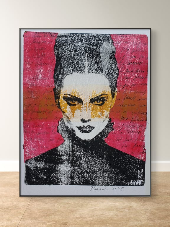 Handmade unique art Goth Monoprint portrait 