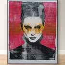 Handmade unique art Goth Monoprint portrait 