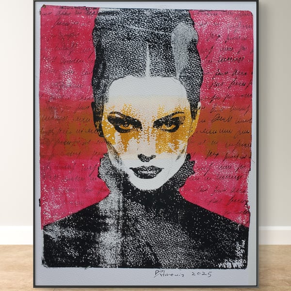 Handmade unique art Goth Monoprint portrait 