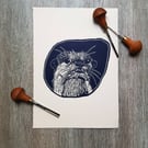 Otter, Limited edition,Lino Print, A4, Blue on Paper