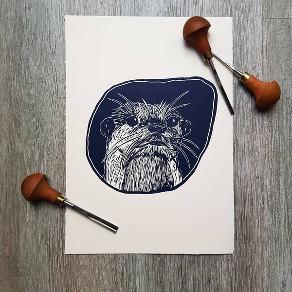 Otter, Limited edition,Lino Print, A4, Blue on Paper