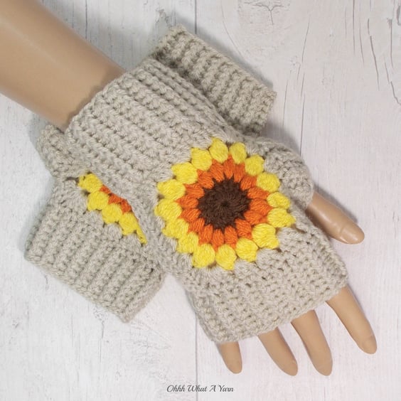 Beige sunflower granny square ladies crochet gloves, finger less gloves.  