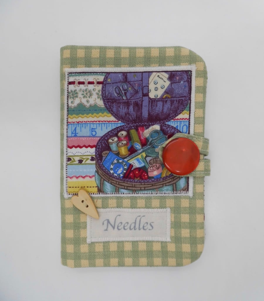 SOLD Sewing needle case green check print sewing box appliqué 
