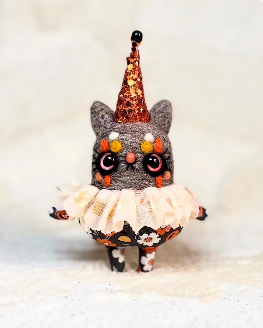 Miniature Needlefelted Kitty Clown Art Doll Grey