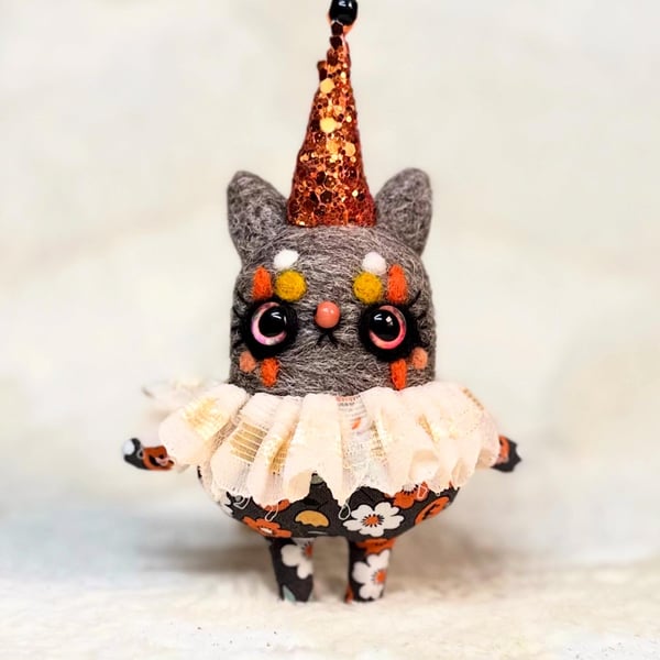 Miniature Needlefelted Kitty Clown Art Doll Grey
