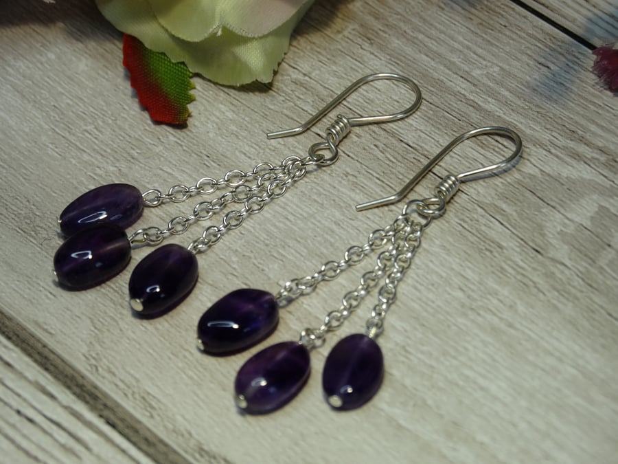 Amethyst gemstone dangle earrings silver chain crown chakra protection