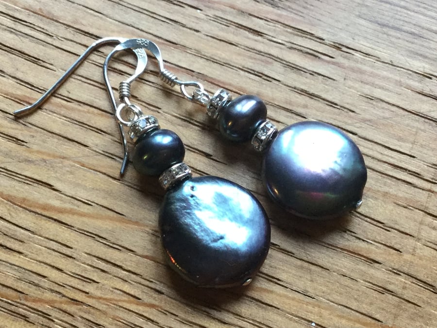 SALE -  Pearl coin and silver earrings. 