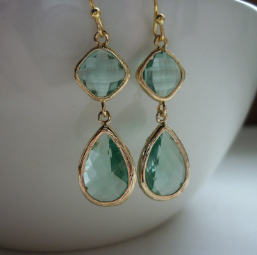 PRASIOLITE GREEN AND GOLD DROP EARRINGS.