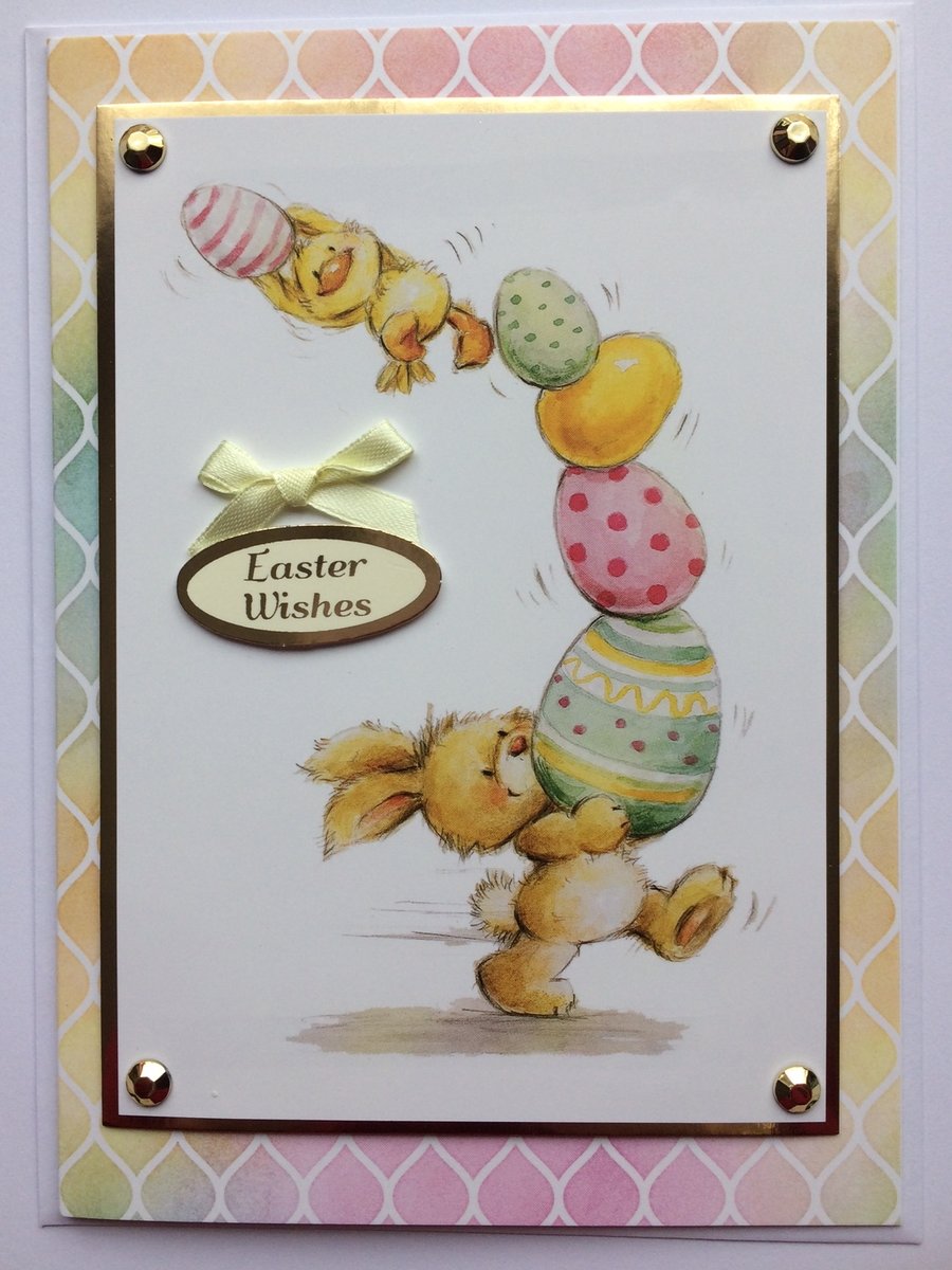 Easter Wishes Card Chick Bunny Rabbit and Eggs Cute 3D Luxury Handmade Card