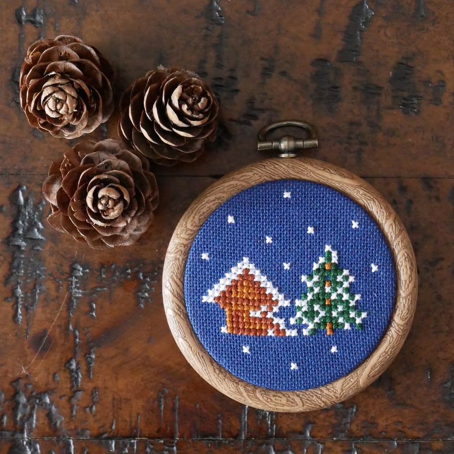 Handmade Snowy Chalet Cross Stitch Decoration – 3" Hoop Christmas Ornament