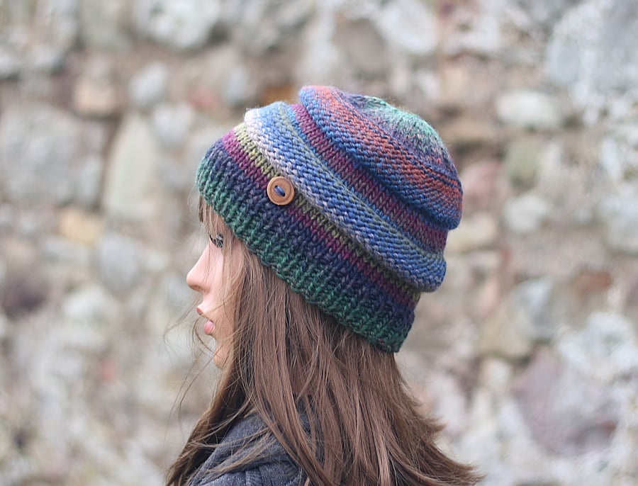 HAT knitted multicolour, winter hat, women's beanie blue green chunky cap, gift,