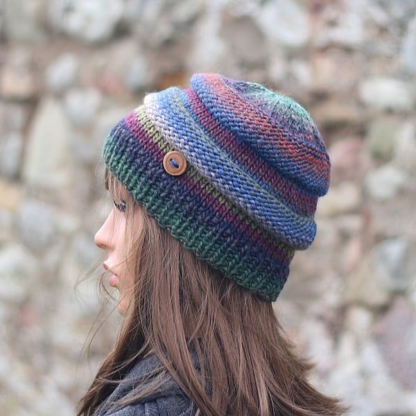 HAT knitted multicolour, winter hat, women's beanie blue green chunky cap, gift,