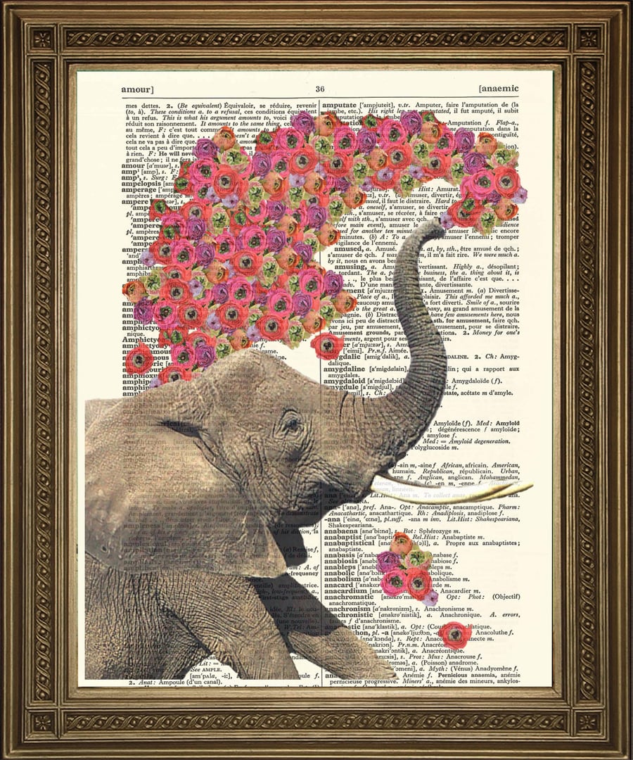 Elephant Art: Dictionary Print With Flowers Wallhanging