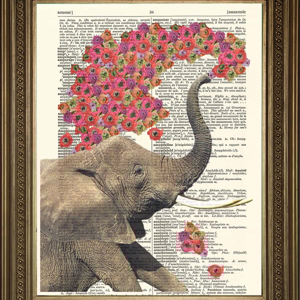 Elephant Art: Dictionary Print With Flowers Wallhanging