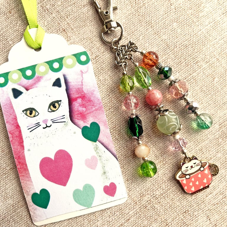Cat bag charm, cat charm, white cat, cat in a cup, cat gift, 