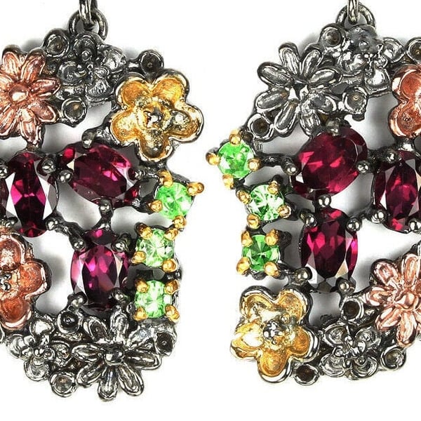 Garnet Romantic Art Nouveau style Floral Posy Dropper earrings