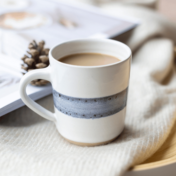 White Mug, Handmade stoneware tea cup or coffee mug with blue decoration