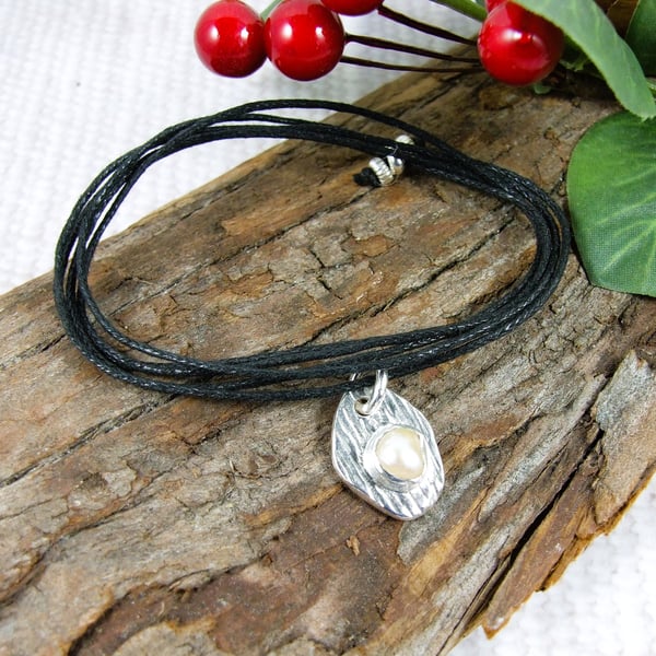 Rustic Silver and Pearl Necklace or Wrap Bracelet on Waxed Cord