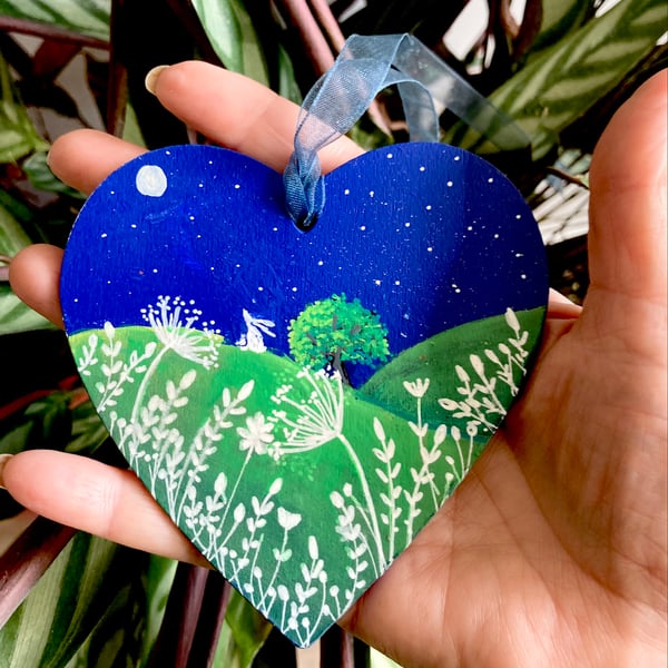 White Hare & Moon Painting On Wooden Heart Hanging Decoration