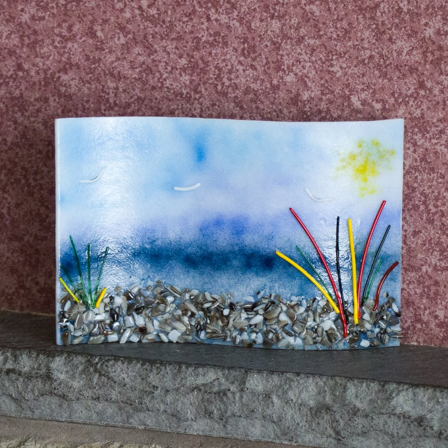 3D Wave Shaped Beach Scene in Fused Glass - 9246