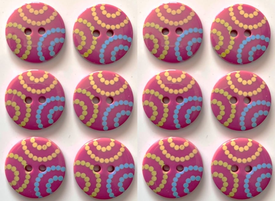12 Bright Buttons, 19mm Wide, Green, Yellow and Blue Circles on Dark Pink, Bold