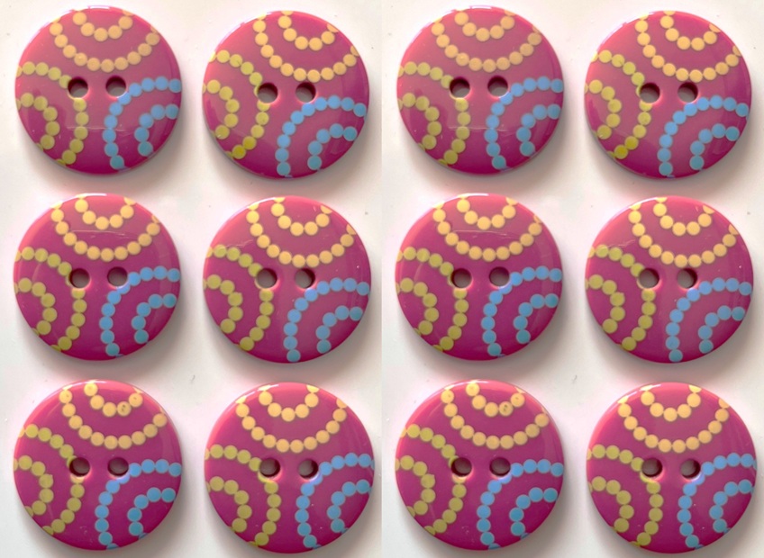 12 Bright Buttons, 19mm Wide, Green, Yellow and Blue Circles on Dark Pink, Bold