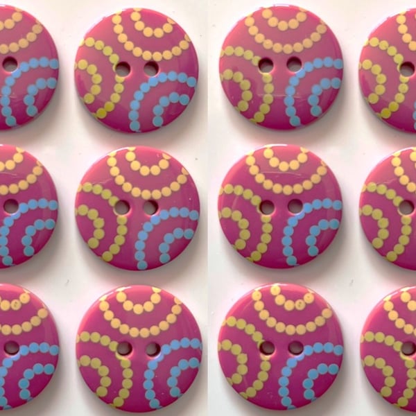 12 Bright Buttons, 19mm Wide, Green, Yellow and Blue Circles on Purple, Bold