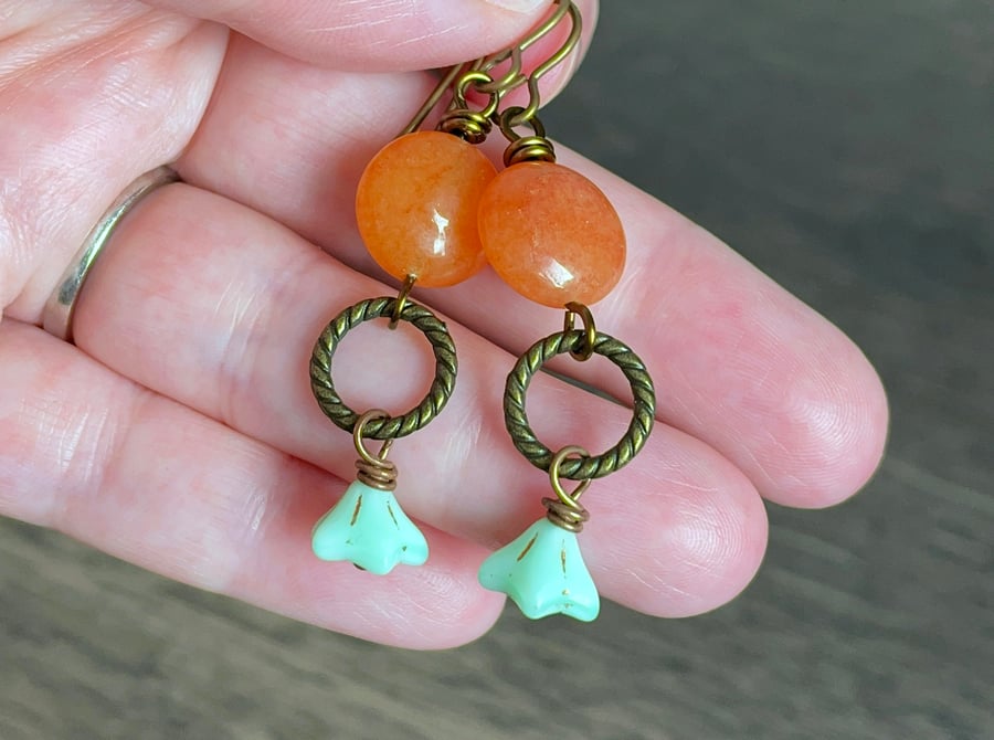 Orange Quartzite Earrings. Green Czech Glass Flower Earrings. Petite Earrings