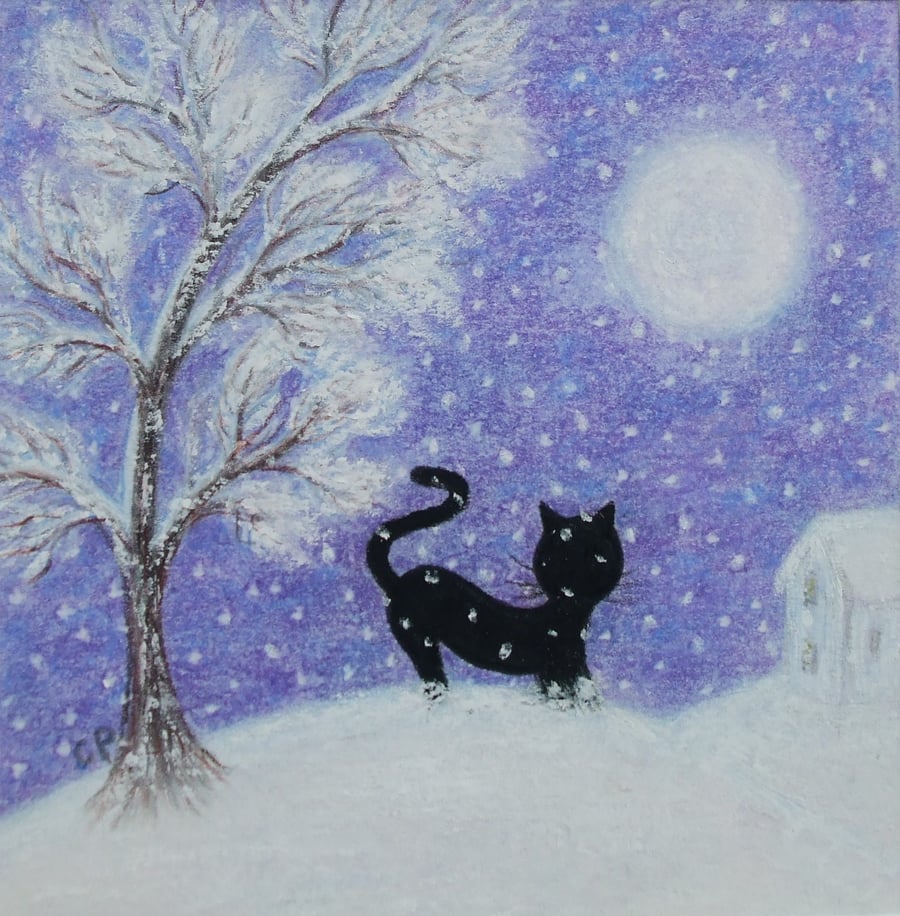 Black Cat Card, Purple Snow Art Card, Cat Tree Moon, Daughter Card, Mother Card